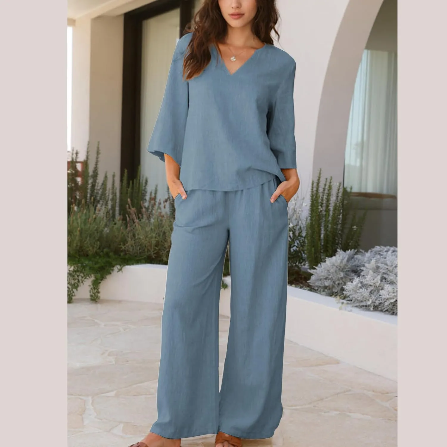 Hixiaohe Womens 2 Piece Outfits Casual 3/4 Sleeve V Neck Tops Wide Leg Pants Linen Lounge Sets Tracksuits Travel Outfits
