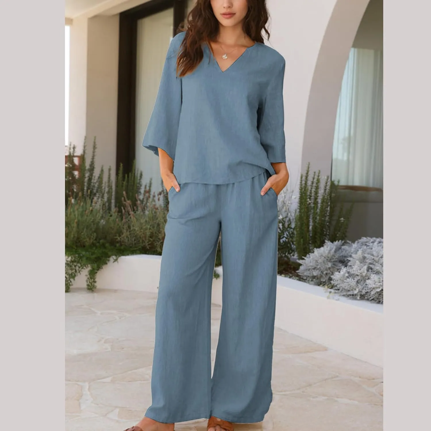 Hixiaohe Womens 2 Piece Outfits Casual 3/4 Sleeve V Neck Tops Wide Leg Pants Linen Lounge Sets Tracksuits Travel Outfits