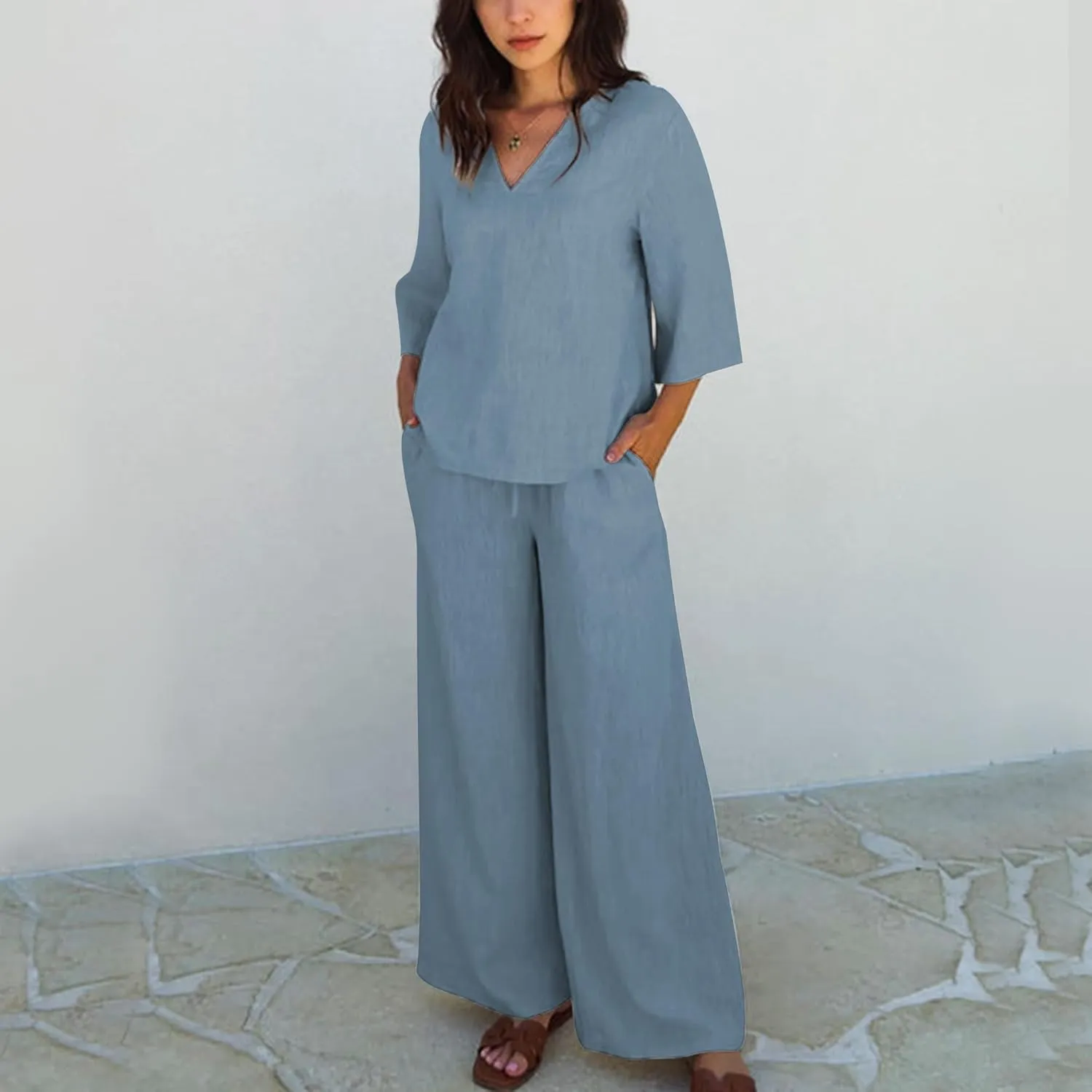 Hixiaohe Womens 2 Piece Outfits Casual 3/4 Sleeve V Neck Tops Wide Leg Pants Linen Lounge Sets Tracksuits Travel Outfits