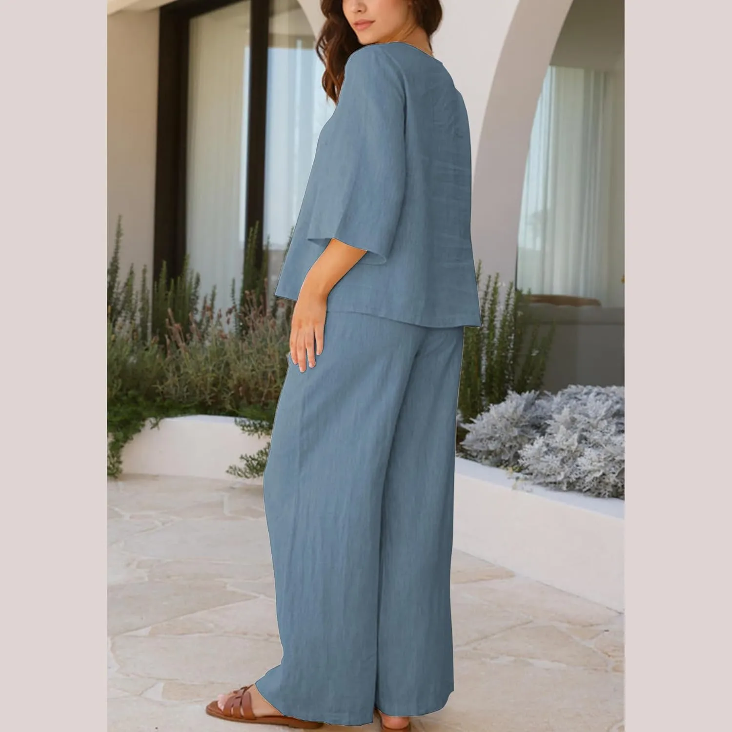 Hixiaohe Womens 2 Piece Outfits Casual 3/4 Sleeve V Neck Tops Wide Leg Pants Linen Lounge Sets Tracksuits Travel Outfits