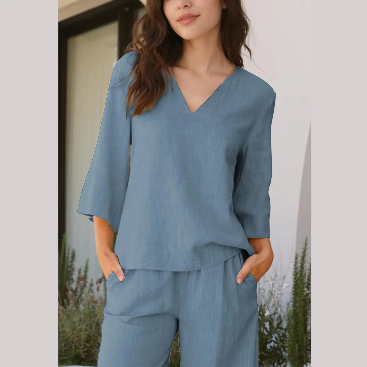Hixiaohe Womens 2 Piece Outfits Casual 3/4 Sleeve V Neck Tops Wide Leg Pants Linen Lounge Sets Tracksuits Travel Outfits