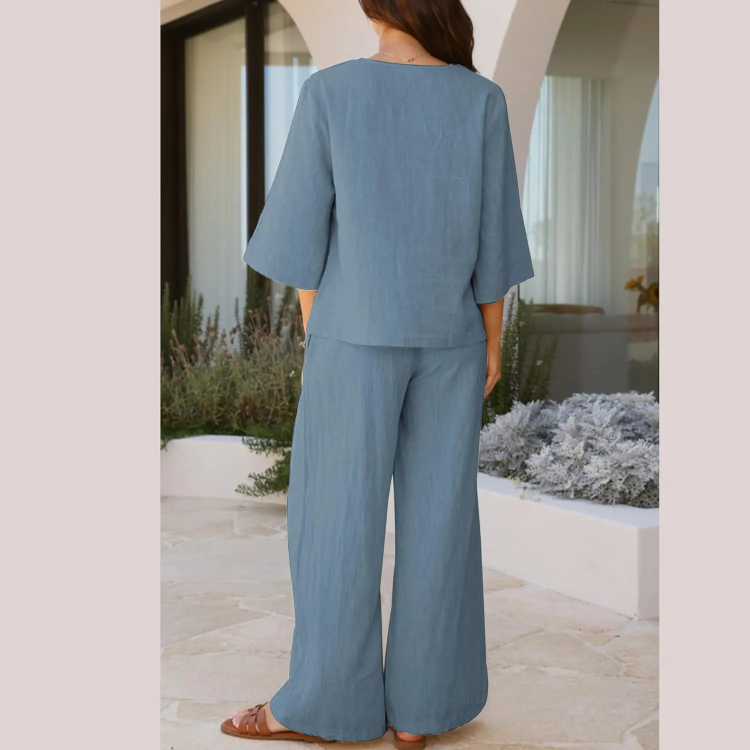 Hixiaohe Womens 2 Piece Outfits Casual 3/4 Sleeve V Neck Tops Wide Leg Pants Linen Lounge Sets Tracksuits Travel Outfits