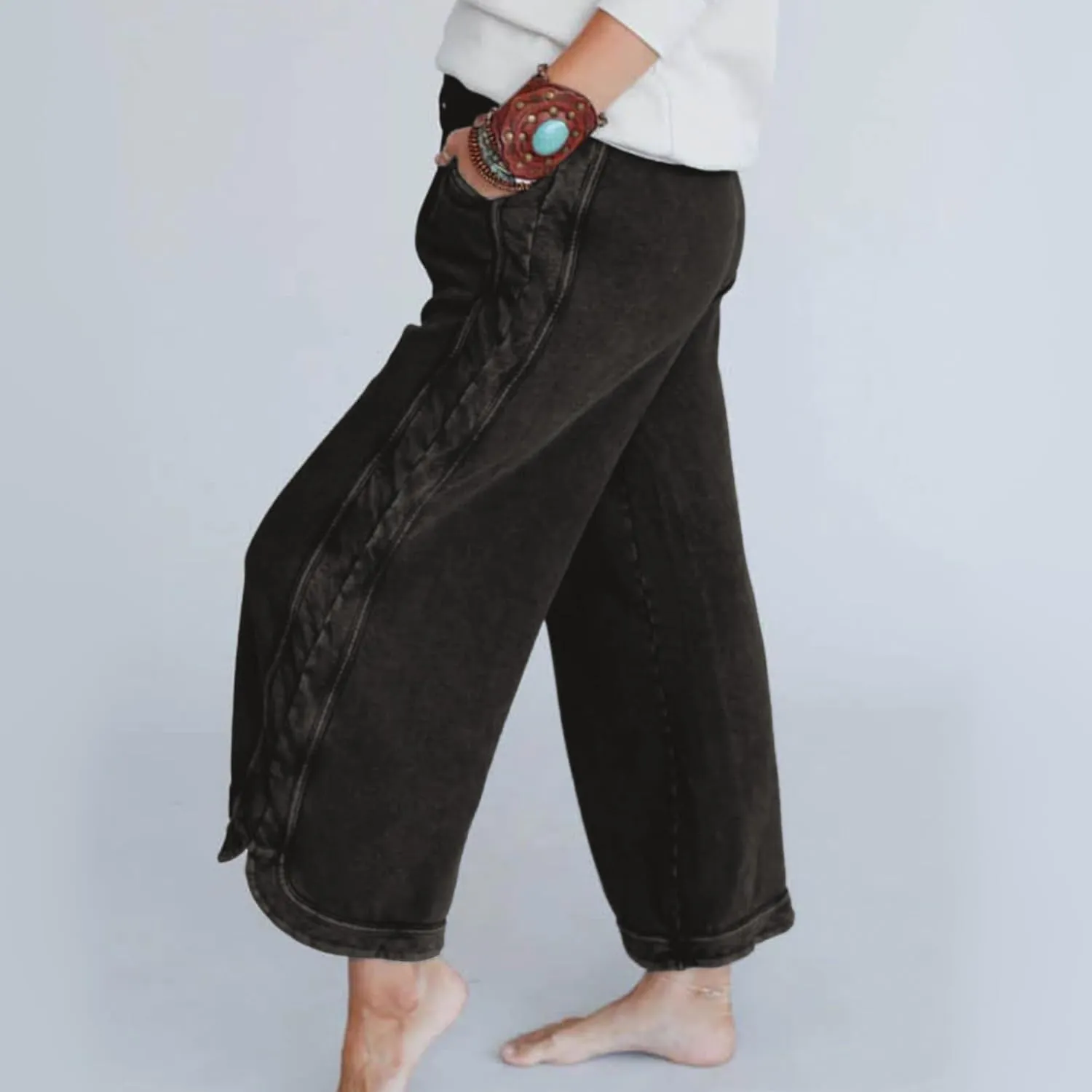 Hixiaohe Women's Casual Wide Leg Sweatpants High Waist Baggy Acid Wash Pants Drawstring Athletic Palazzo Pants with Pockets