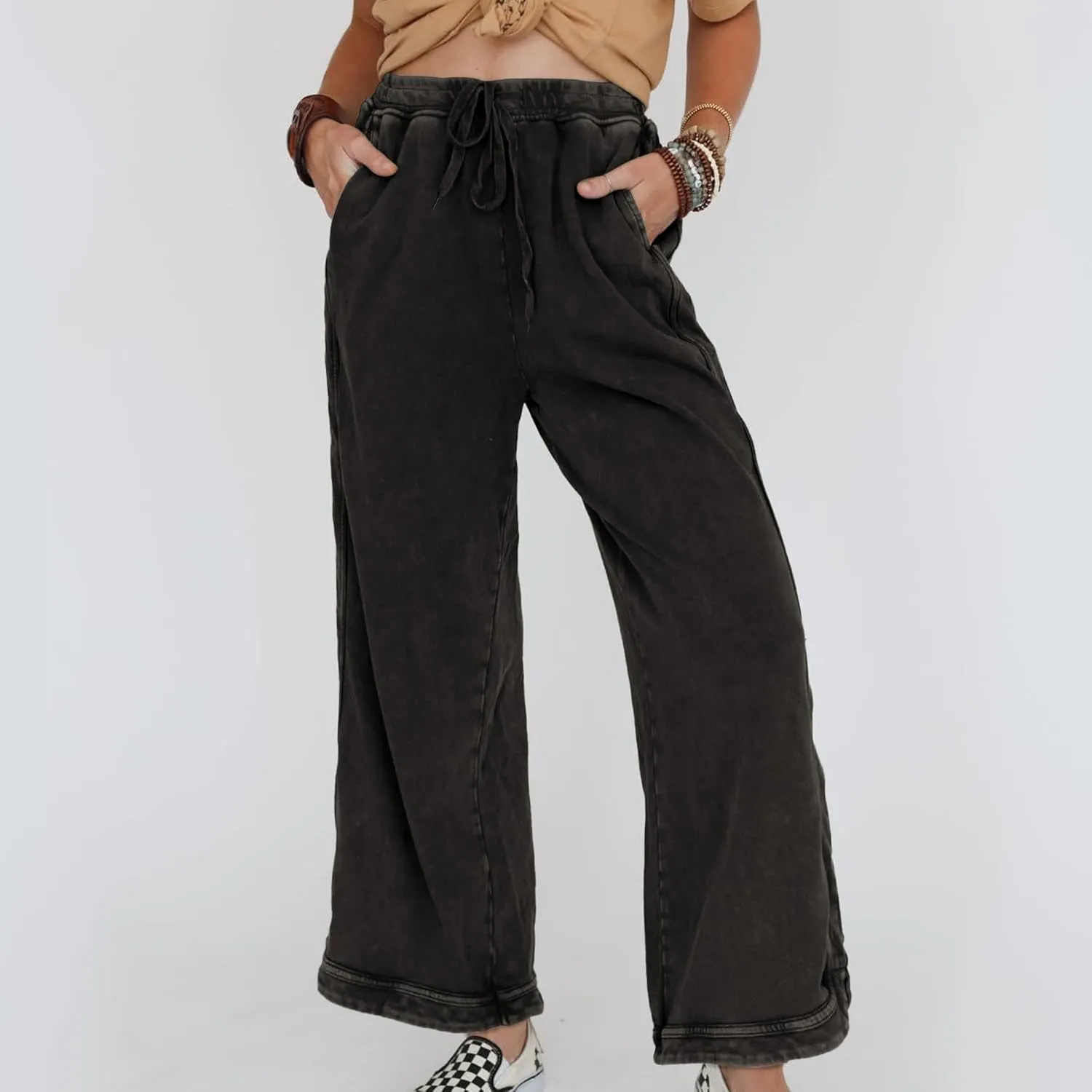 Hixiaohe Women's Casual Wide Leg Sweatpants High Waist Baggy Acid Wash Pants Drawstring Athletic Palazzo Pants with Pockets