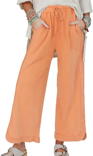 Hixiaohe Women's Casual Wide Leg Sweatpants High Waist Baggy Acid Wash Pants Drawstring Athletic Palazzo Pants with Pockets