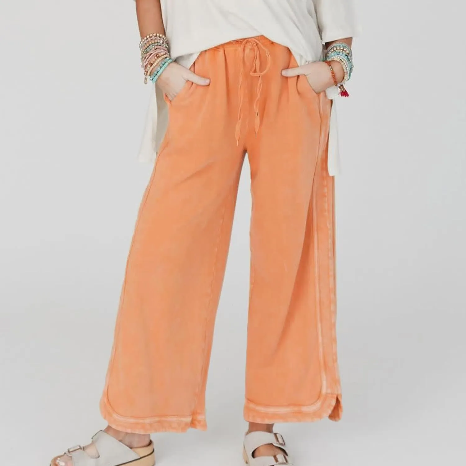 Hixiaohe Women's Casual Wide Leg Sweatpants High Waist Baggy Acid Wash Pants Drawstring Athletic Palazzo Pants with Pockets