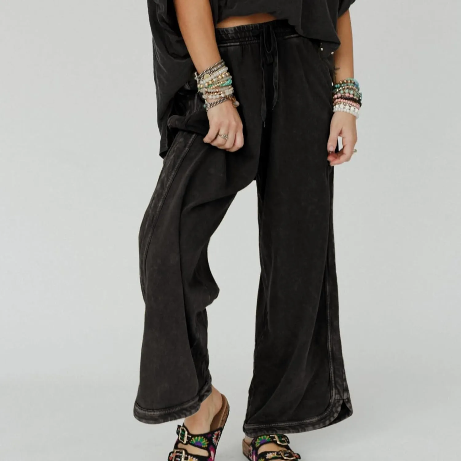Hixiaohe Women's Casual Wide Leg Sweatpants High Waist Baggy Acid Wash Pants Drawstring Athletic Palazzo Pants with Pockets