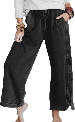 Hixiaohe Women's Casual Wide Leg Sweatpants High Waist Baggy Acid Wash Pants Drawstring Athletic Palazzo Pants with Pockets
