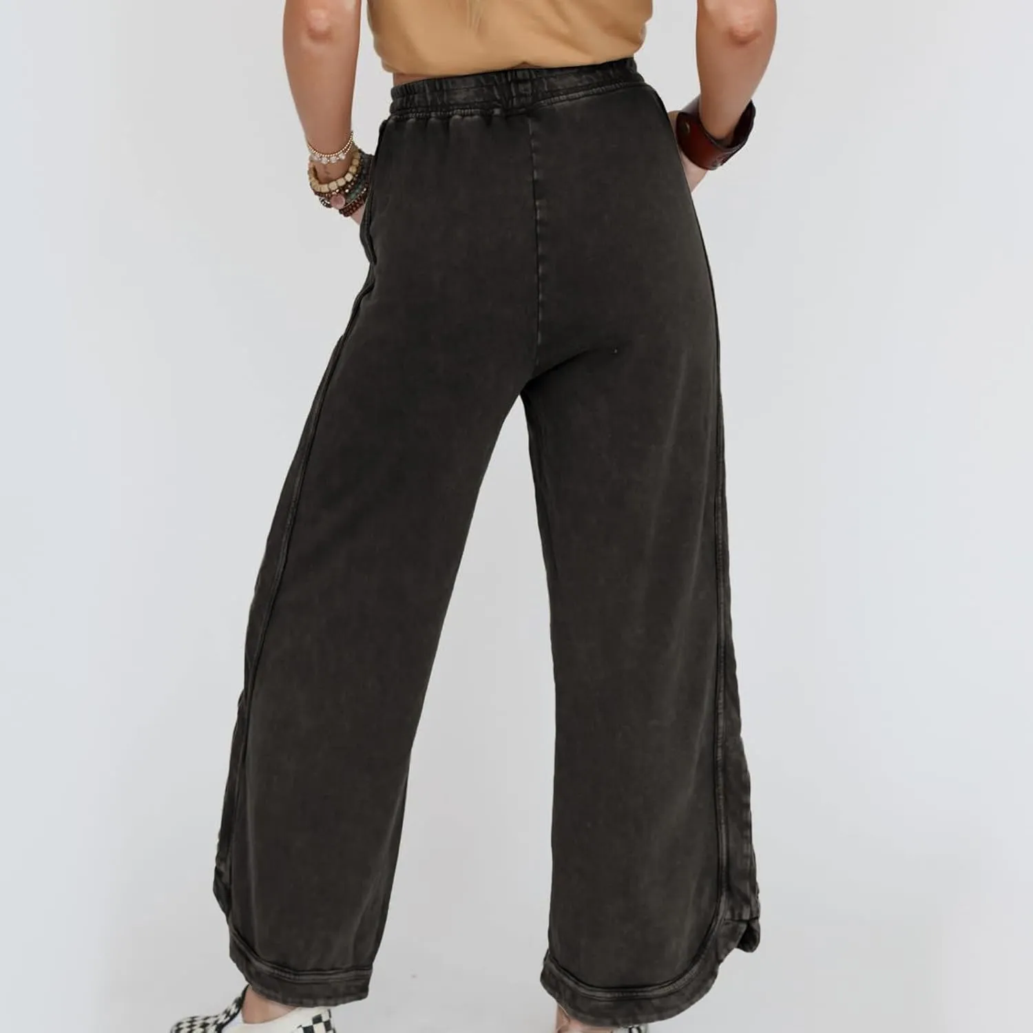 Hixiaohe Women's Casual Wide Leg Sweatpants High Waist Baggy Acid Wash Pants Drawstring Athletic Palazzo Pants with Pockets