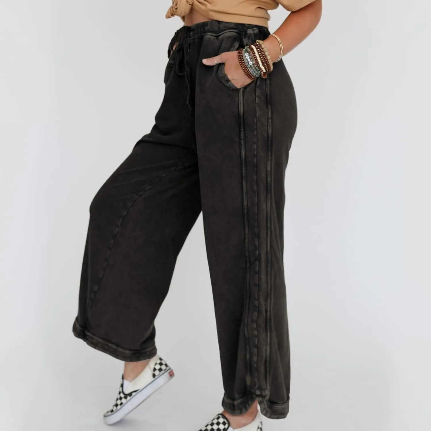 Hixiaohe Women's Casual Wide Leg Sweatpants High Waist Baggy Acid Wash Pants Drawstring Athletic Palazzo Pants with Pockets