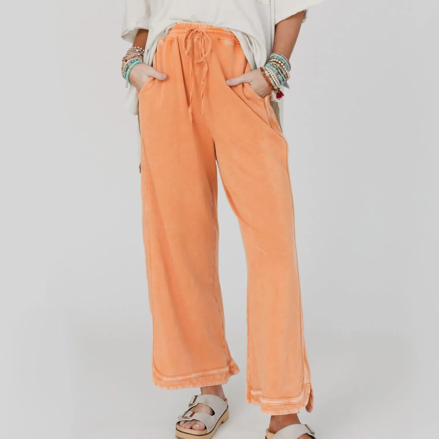 Hixiaohe Women's Casual Wide Leg Sweatpants High Waist Baggy Acid Wash Pants Drawstring Athletic Palazzo Pants with Pockets