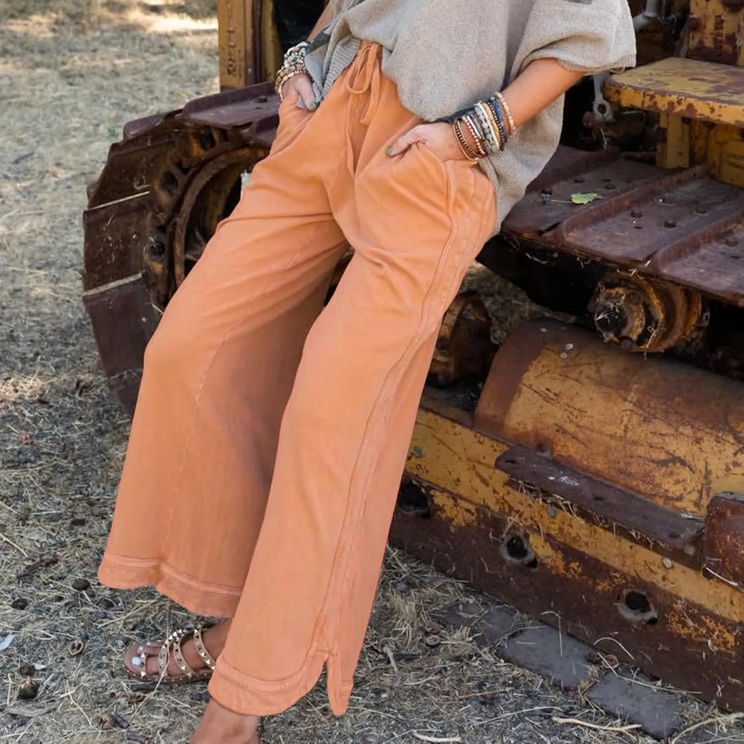 Hixiaohe Women's Casual Wide Leg Sweatpants High Waist Baggy Acid Wash Pants Drawstring Athletic Palazzo Pants with Pockets