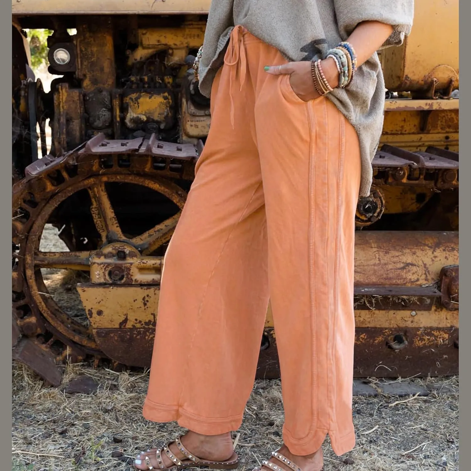 Hixiaohe Women's Casual Wide Leg Sweatpants High Waist Baggy Acid Wash Pants Drawstring Athletic Palazzo Pants with Pockets