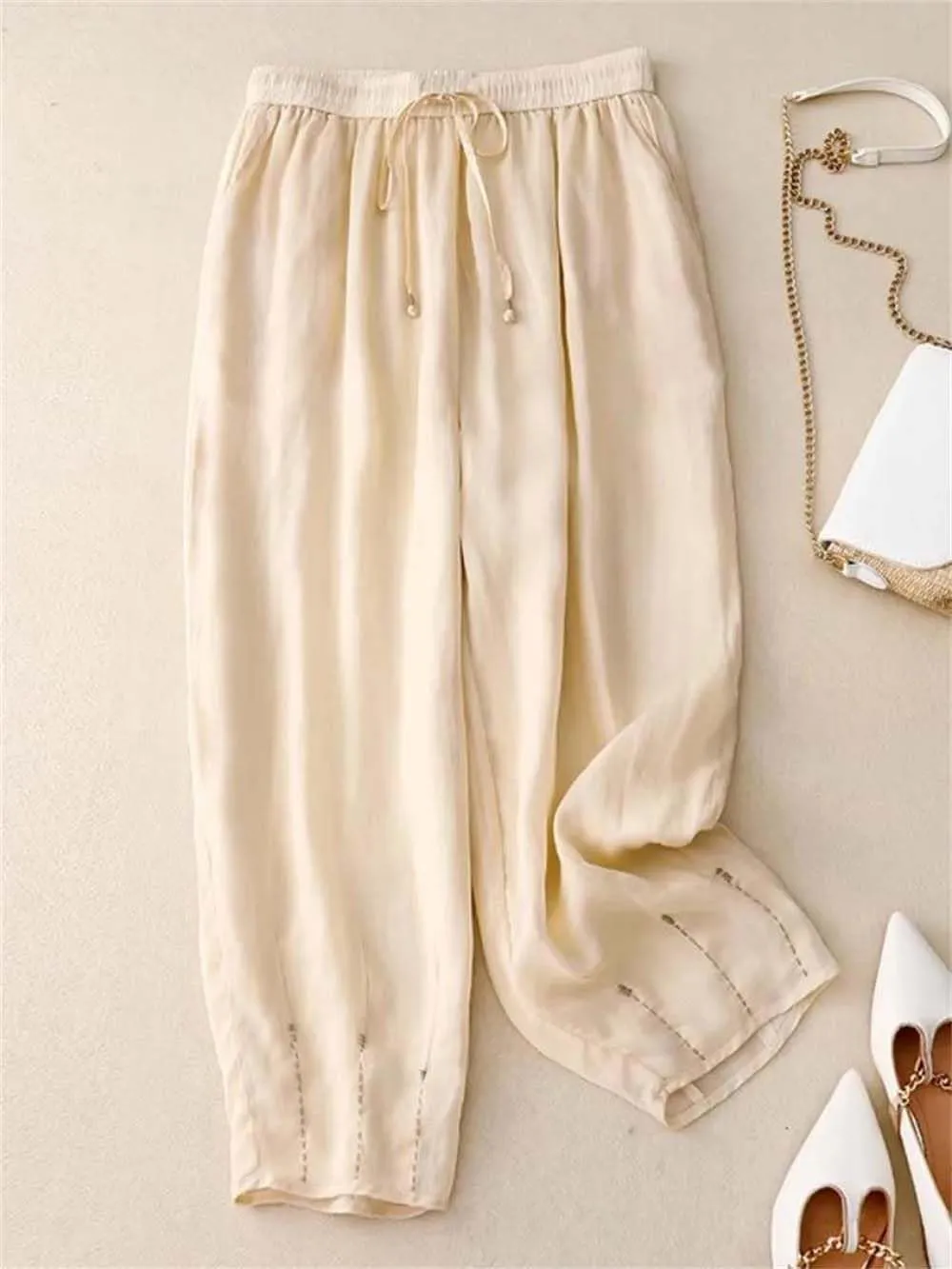 Hndudnff Women Ankle-Length Harem Pants Summer Casual Loose Drawstring High Waist Thin Trousers