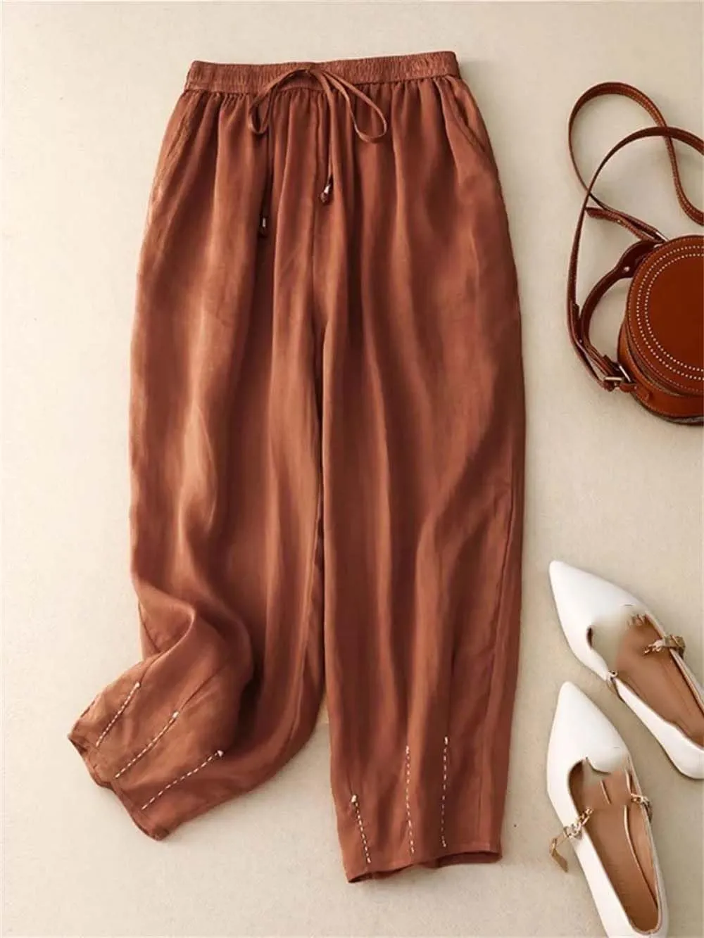 Hndudnff Women Ankle-Length Harem Pants Summer Casual Loose Drawstring High Waist Thin Trousers