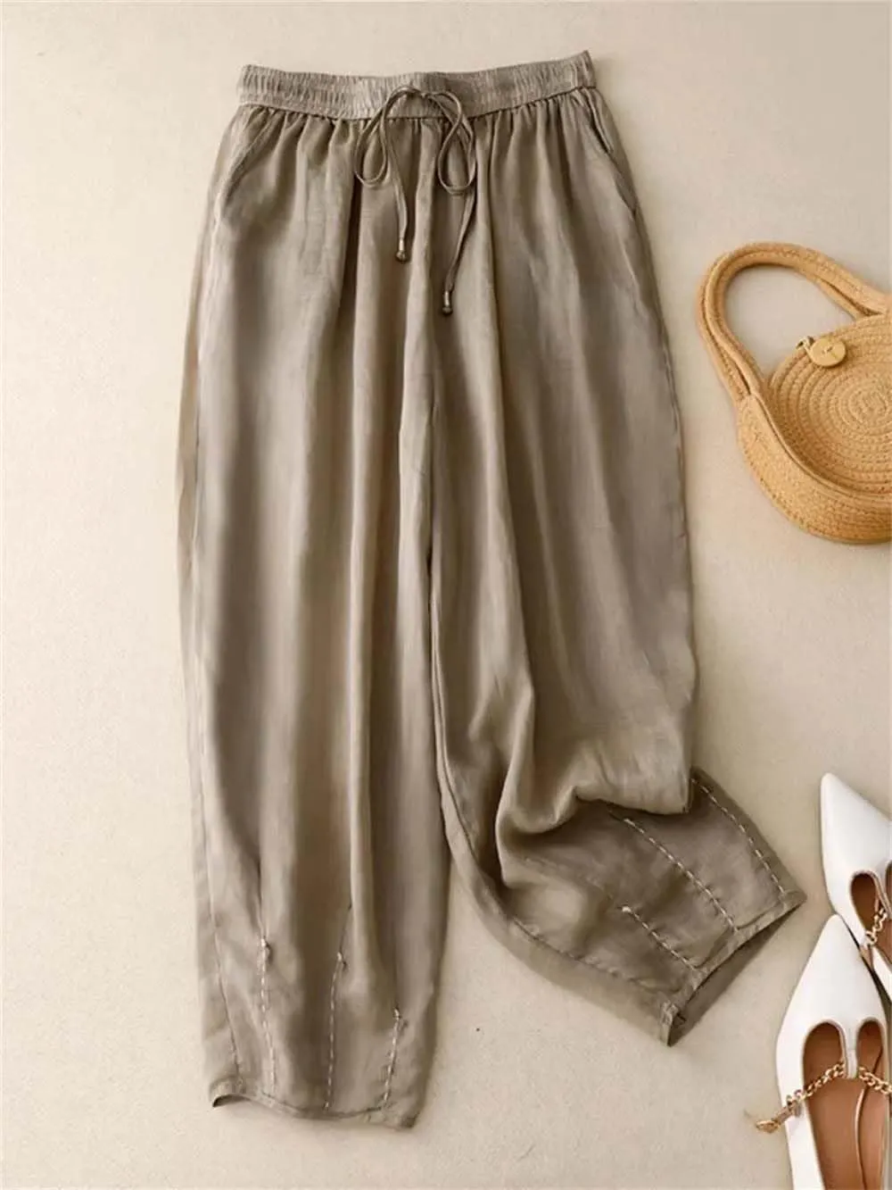 Hndudnff Women Ankle-Length Harem Pants Summer Casual Loose Drawstring High Waist Thin Trousers