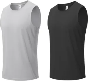 HNVAVQ Men's Sleeveless T-Shirt Workout Vest with Round Neck Quick Dry Gym Athletic Fitness Running Tank Top,2 Pcs