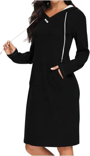 Hooded Sweatshirt Dress for Women Fall Winter Casual Long Sleeve V Neck Solid Loose Fit Pullover Elegant Midi Dresses