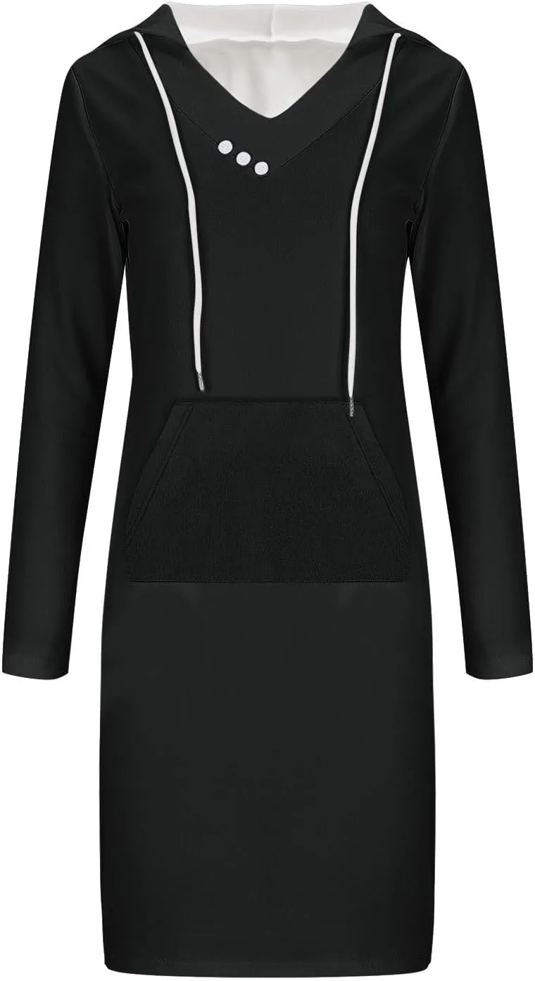 Hooded Sweatshirt Dress for Women Fall Winter Casual Long Sleeve V Neck Solid Loose Fit Pullover Elegant Midi Dresses