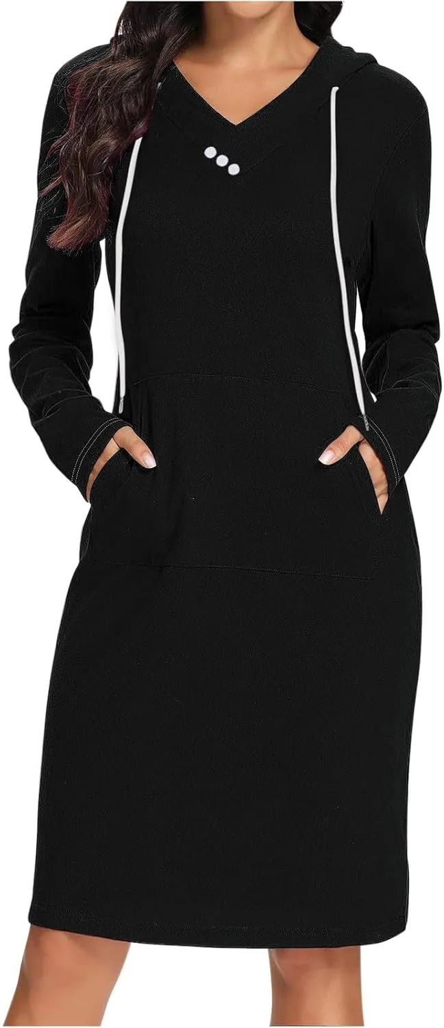 Hooded Sweatshirt Dress for Women Fall Winter Casual Long Sleeve V Neck Solid Loose Fit Pullover Elegant Midi Dresses
