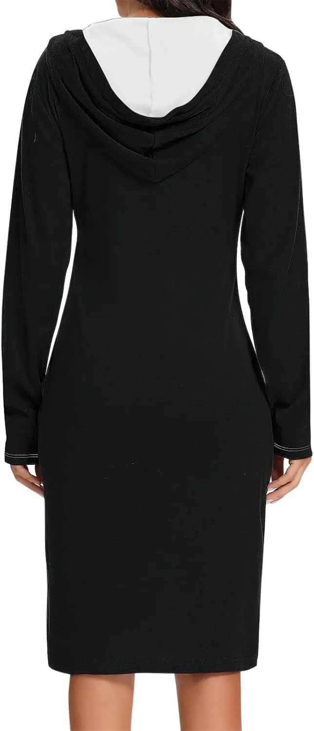 Hooded Sweatshirt Dress for Women Fall Winter Casual Long Sleeve V Neck Solid Loose Fit Pullover Elegant Midi Dresses