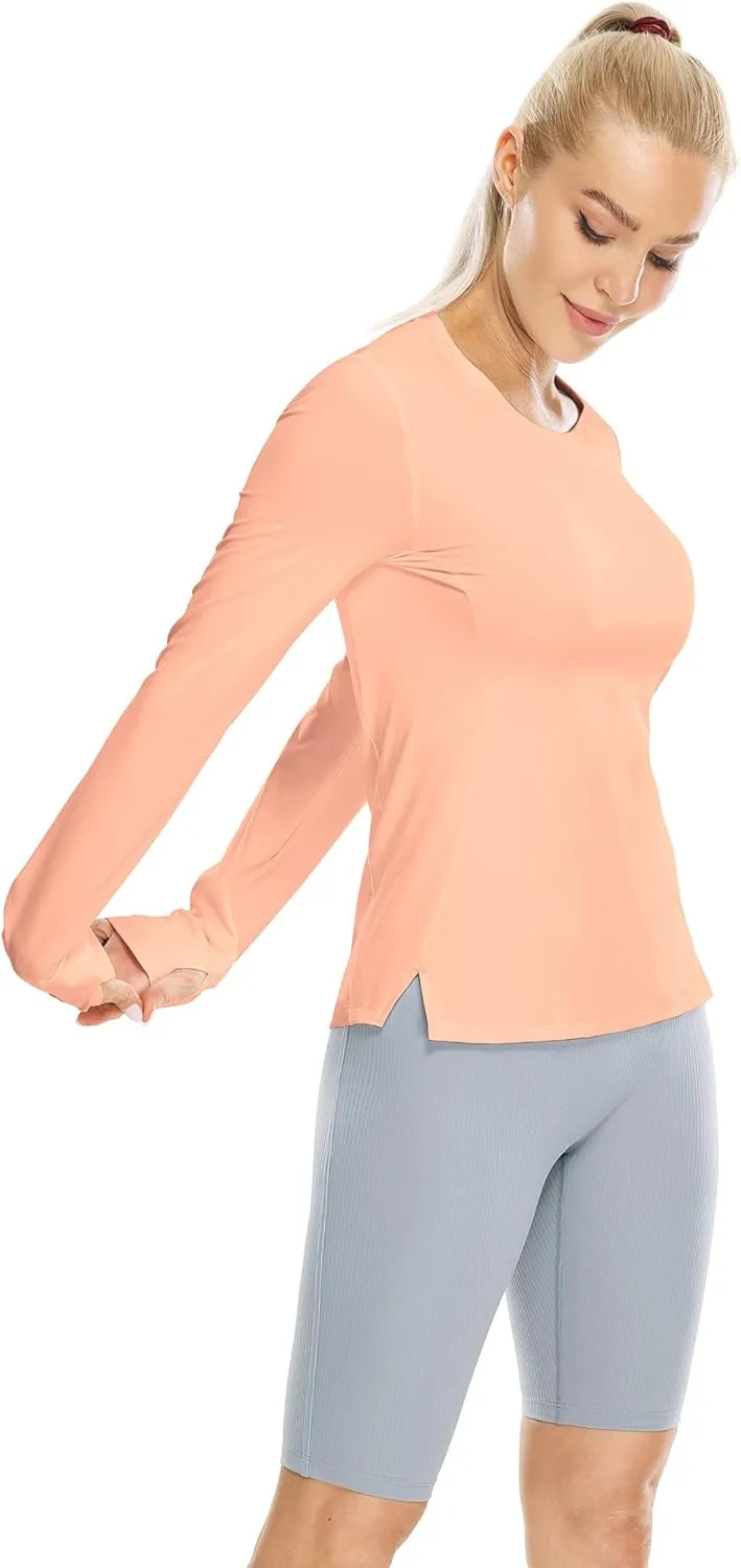 icyzone Women's Long Sleeve Workout Shirts, Athletic Crewneck Yoga Tops, Quick Dry Running T-Shirt with Thumb Holes