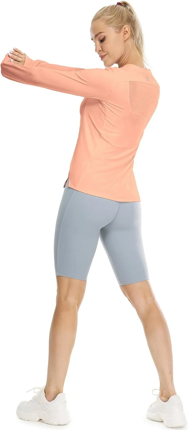 icyzone Women's Long Sleeve Workout Shirts, Athletic Crewneck Yoga Tops, Quick Dry Running T-Shirt with Thumb Holes