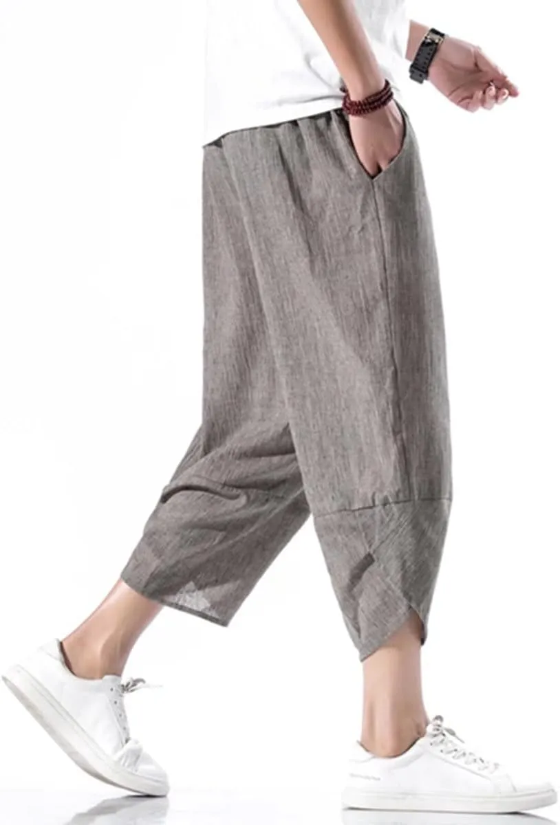 INVACHI Men's Casual Elastic Waist Linen Capri Pants Wide Leg Baggy Cotton Harem Yoga Trousers