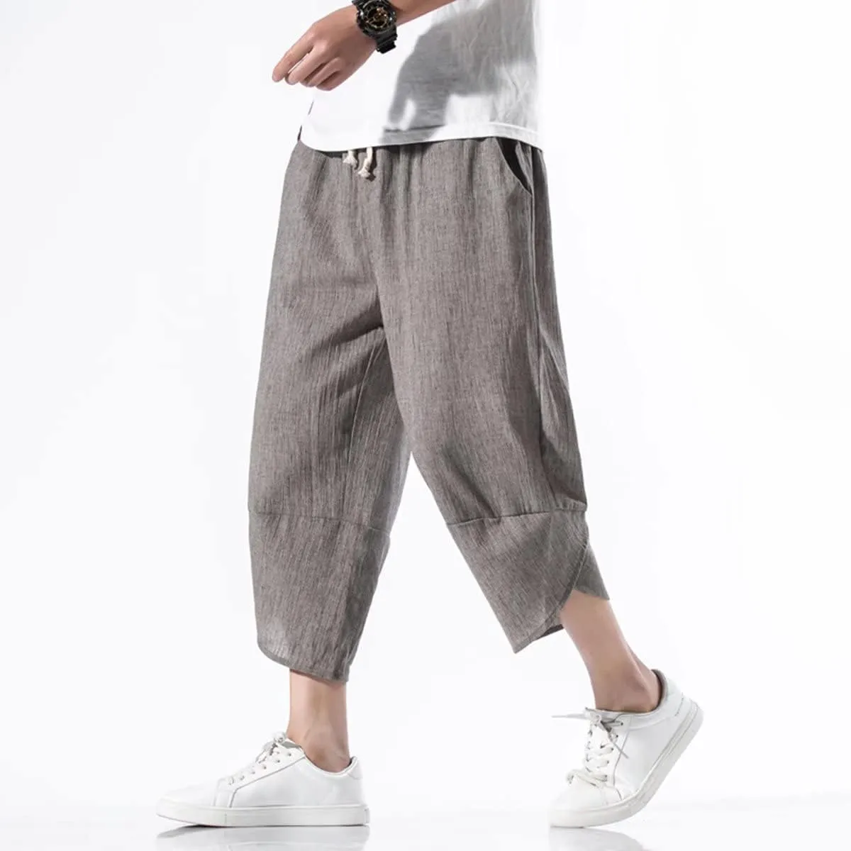 INVACHI Men's Casual Elastic Waist Linen Capri Pants Wide Leg Baggy Cotton Harem Yoga Trousers