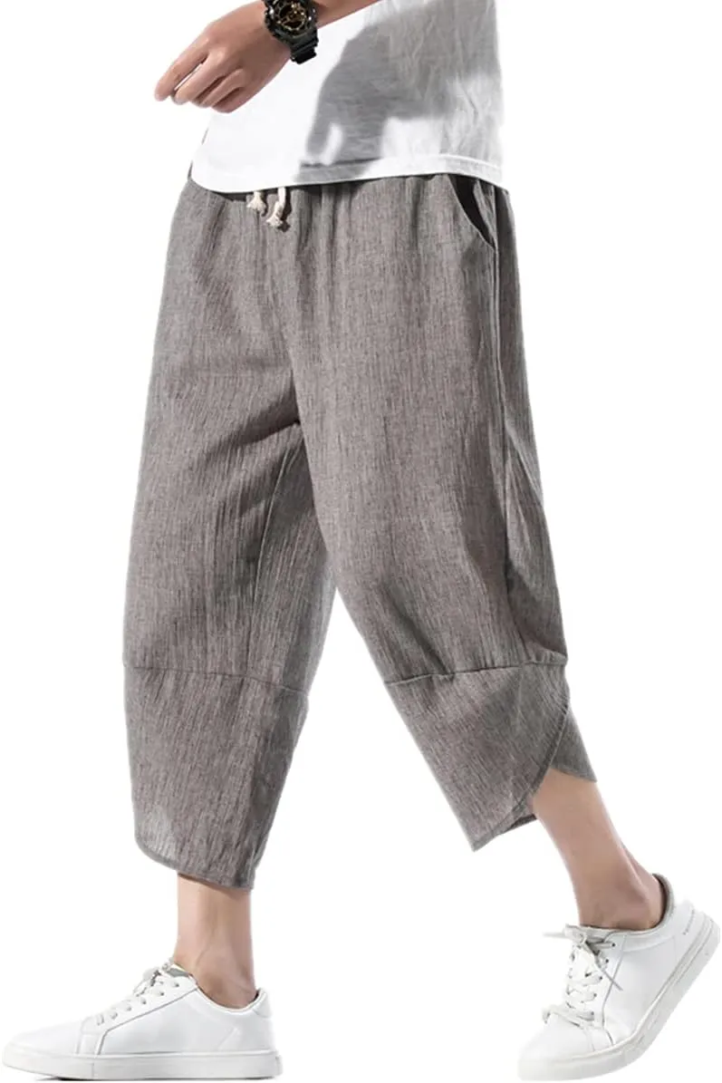 INVACHI Men's Casual Elastic Waist Linen Capri Pants Wide Leg Baggy Cotton Harem Yoga Trousers