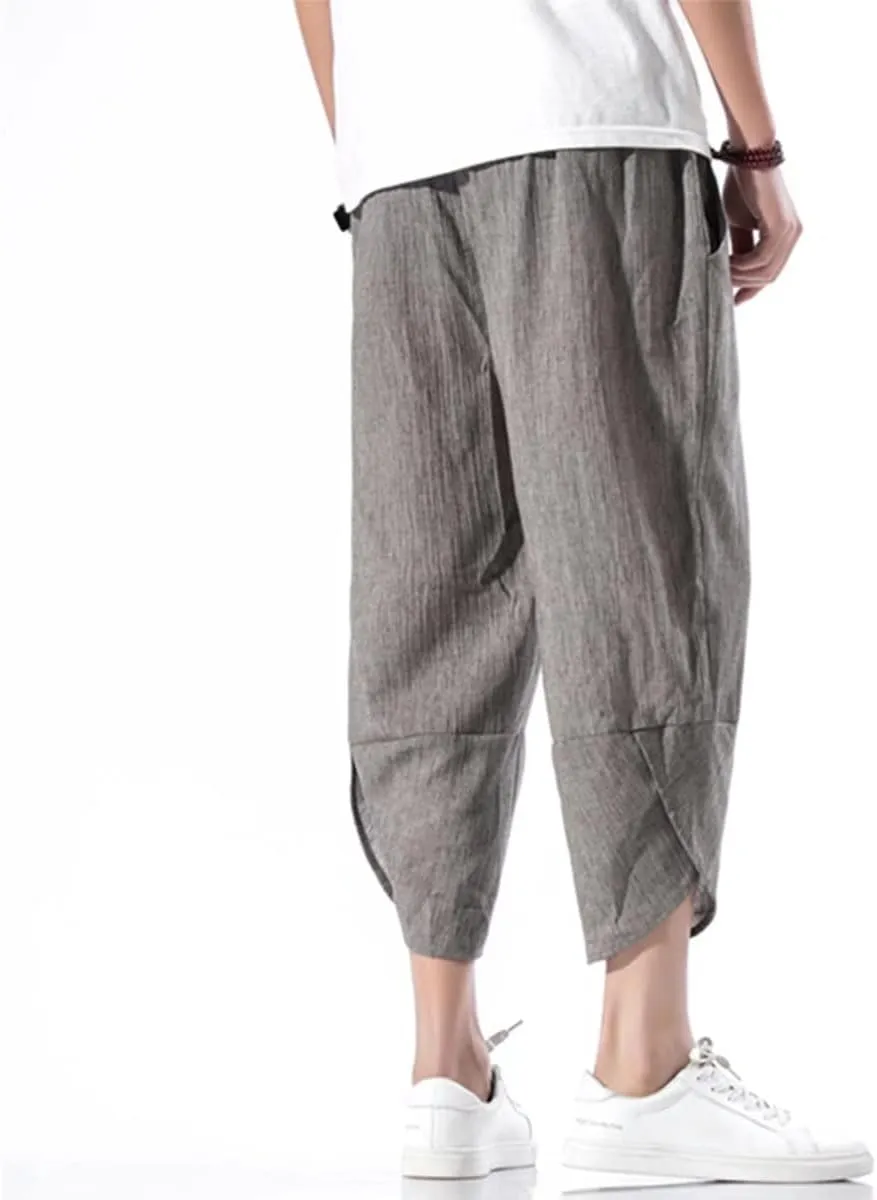 INVACHI Men's Casual Elastic Waist Linen Capri Pants Wide Leg Baggy Cotton Harem Yoga Trousers