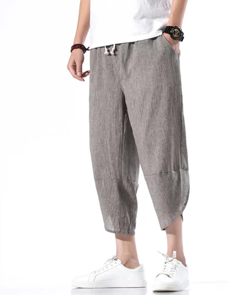 INVACHI Men's Casual Elastic Waist Linen Capri Pants Wide Leg Baggy Cotton Harem Yoga Trousers