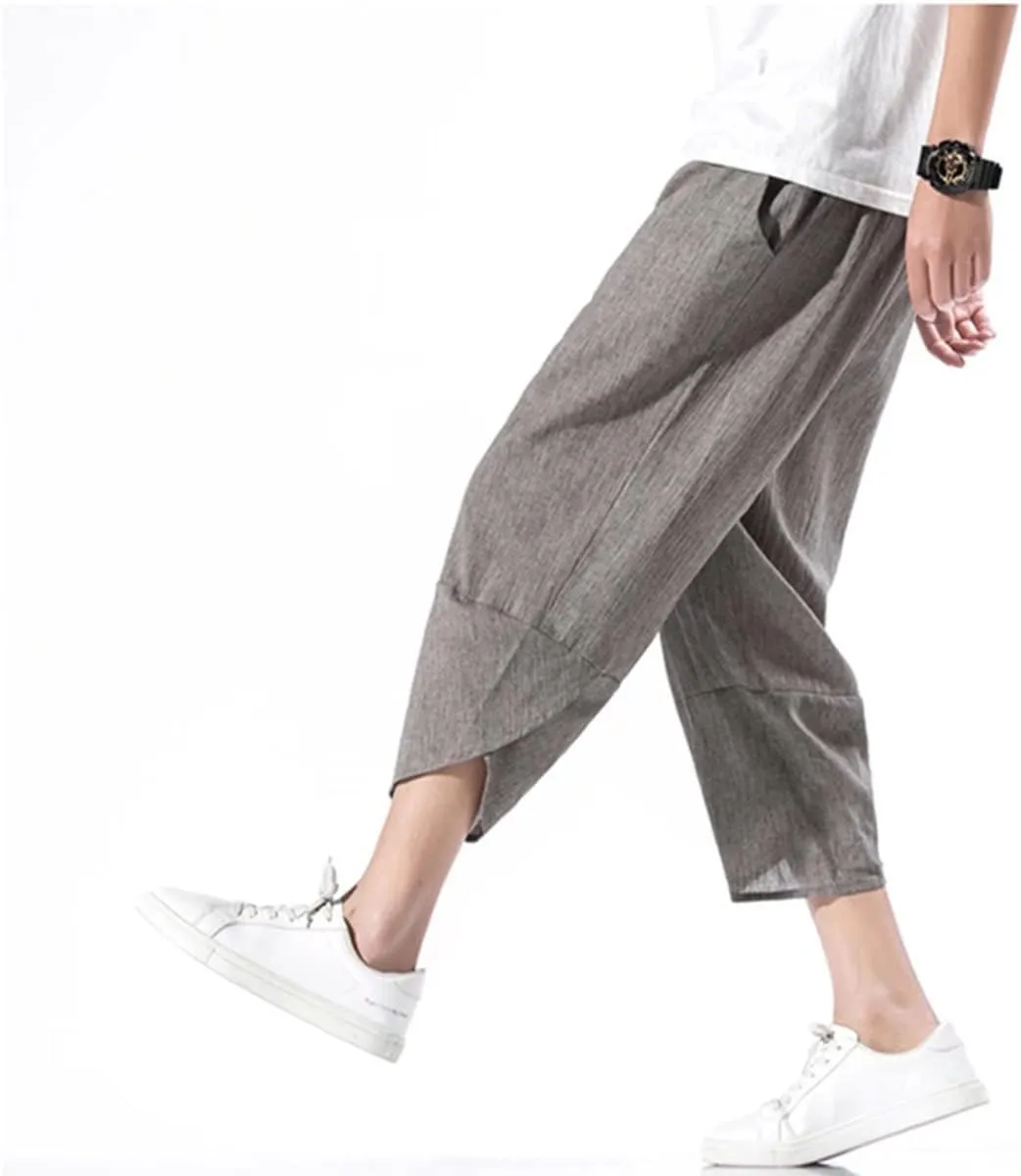 INVACHI Men's Casual Elastic Waist Linen Capri Pants Wide Leg Baggy Cotton Harem Yoga Trousers