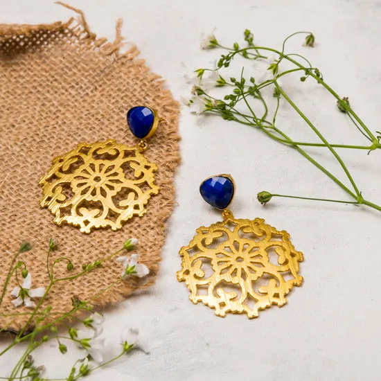 jewelry - berserk - Gold Plated Lapis Carved Drop Danglers