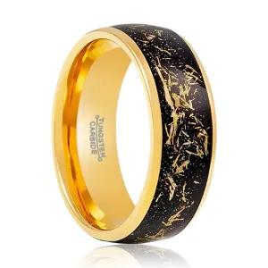 JOVIAN | Gold Tungsten, Black Imitation Meteorite Inlay, Domed