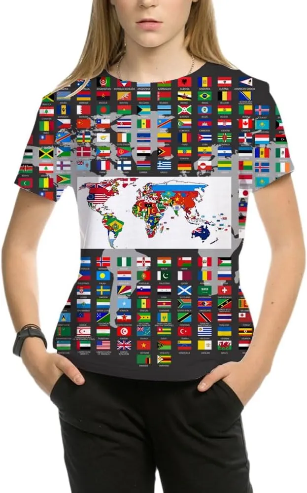 Kids Print 3D Print World Flags of The Countries Funny Graphic Pattern Holiday Tees Shirts for Youth Boys Girls 4-14 Years