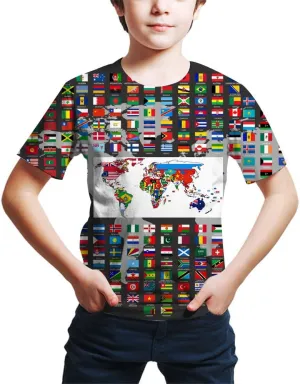 Kids Print 3D Print World Flags of The Countries Funny Graphic Pattern Holiday Tees Shirts for Youth Boys Girls 4-14 Years