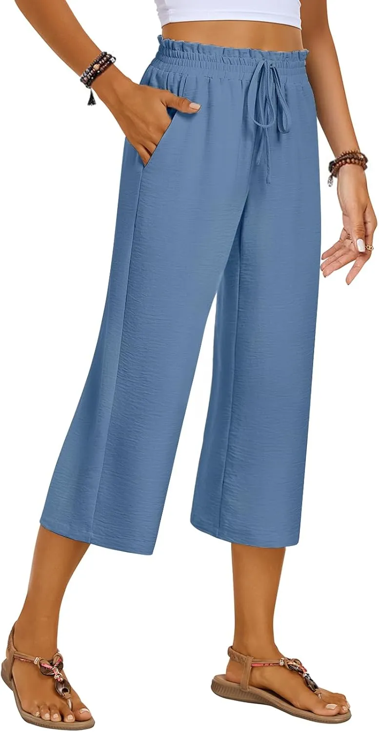 Kikula Women's Capri Pants Loose Wide Leg Trousers High Waisted Drawstring Lounge Pants with Pockets Comfy Palazzo Pants
