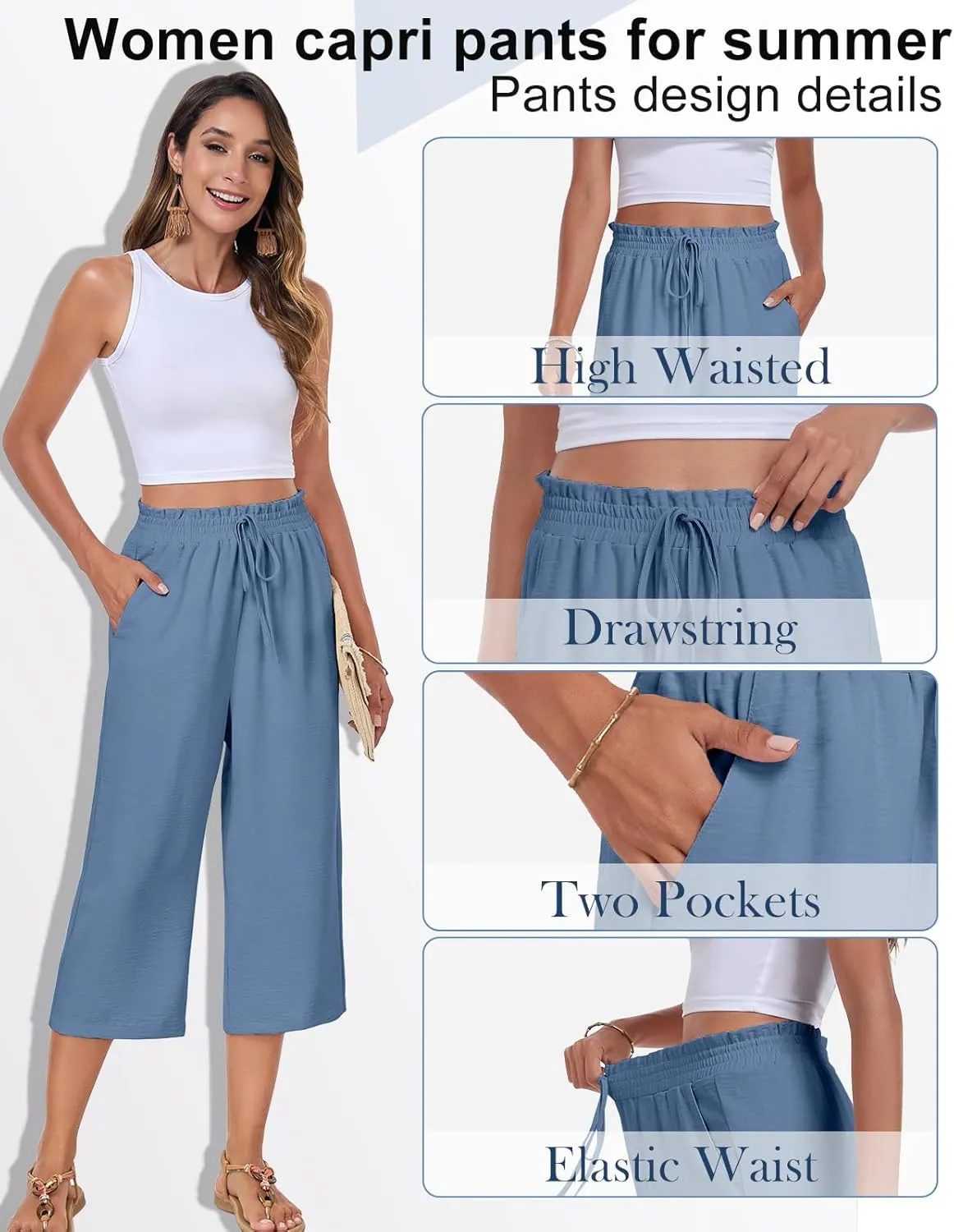 Kikula Women's Capri Pants Loose Wide Leg Trousers High Waisted Drawstring Lounge Pants with Pockets Comfy Palazzo Pants