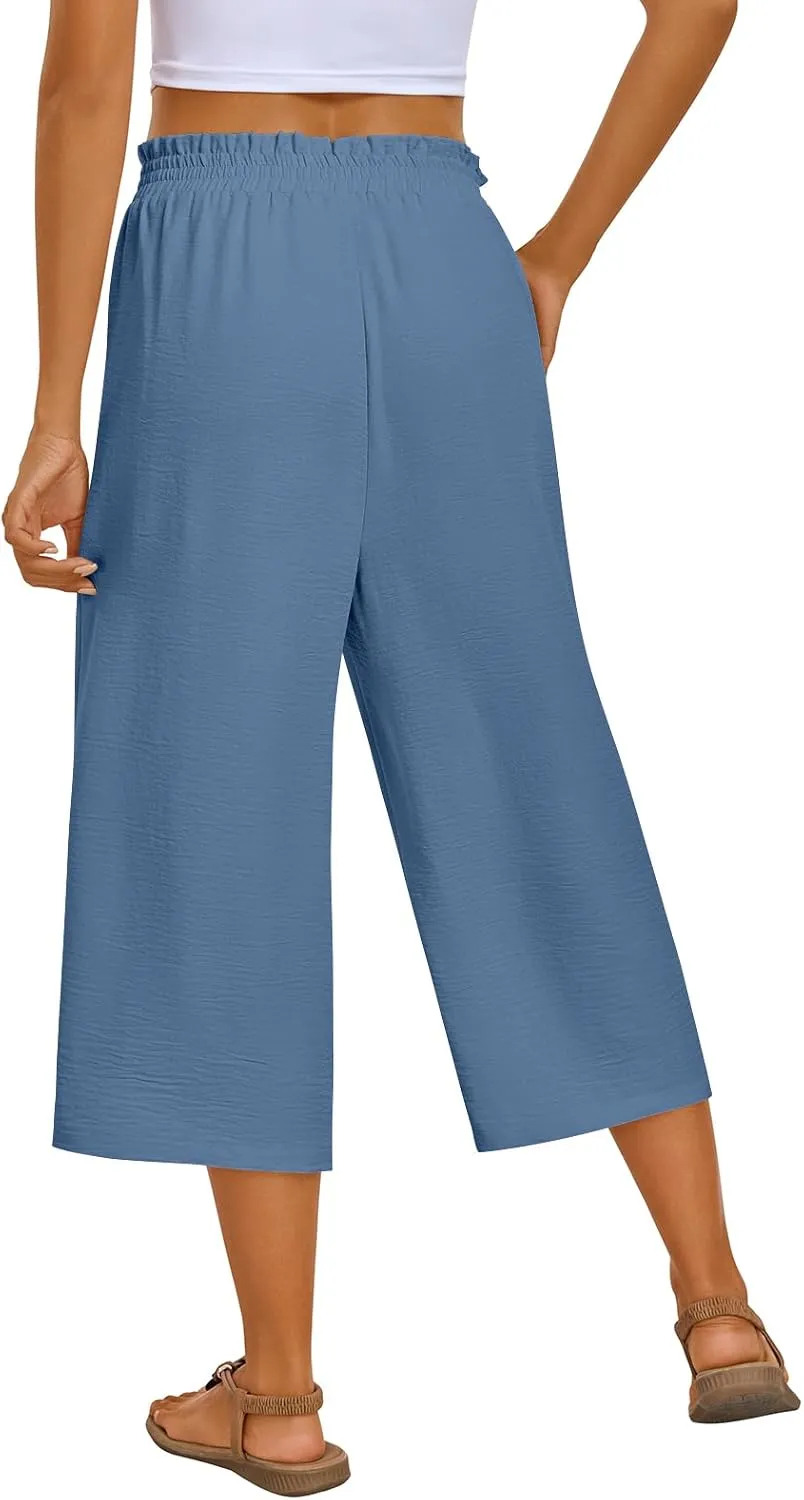 Kikula Women's Capri Pants Loose Wide Leg Trousers High Waisted Drawstring Lounge Pants with Pockets Comfy Palazzo Pants