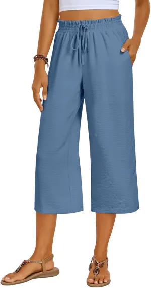 Kikula Women's Capri Pants Loose Wide Leg Trousers High Waisted Drawstring Lounge Pants with Pockets Comfy Palazzo Pants