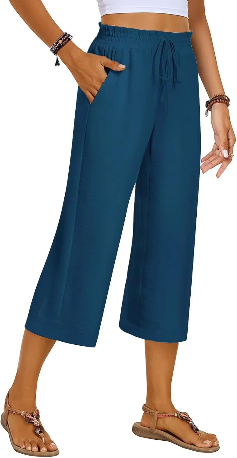 Kikula Women's Capri Pants Loose Wide Leg Trousers High Waisted Drawstring Lounge Pants with Pockets Comfy Palazzo Pants