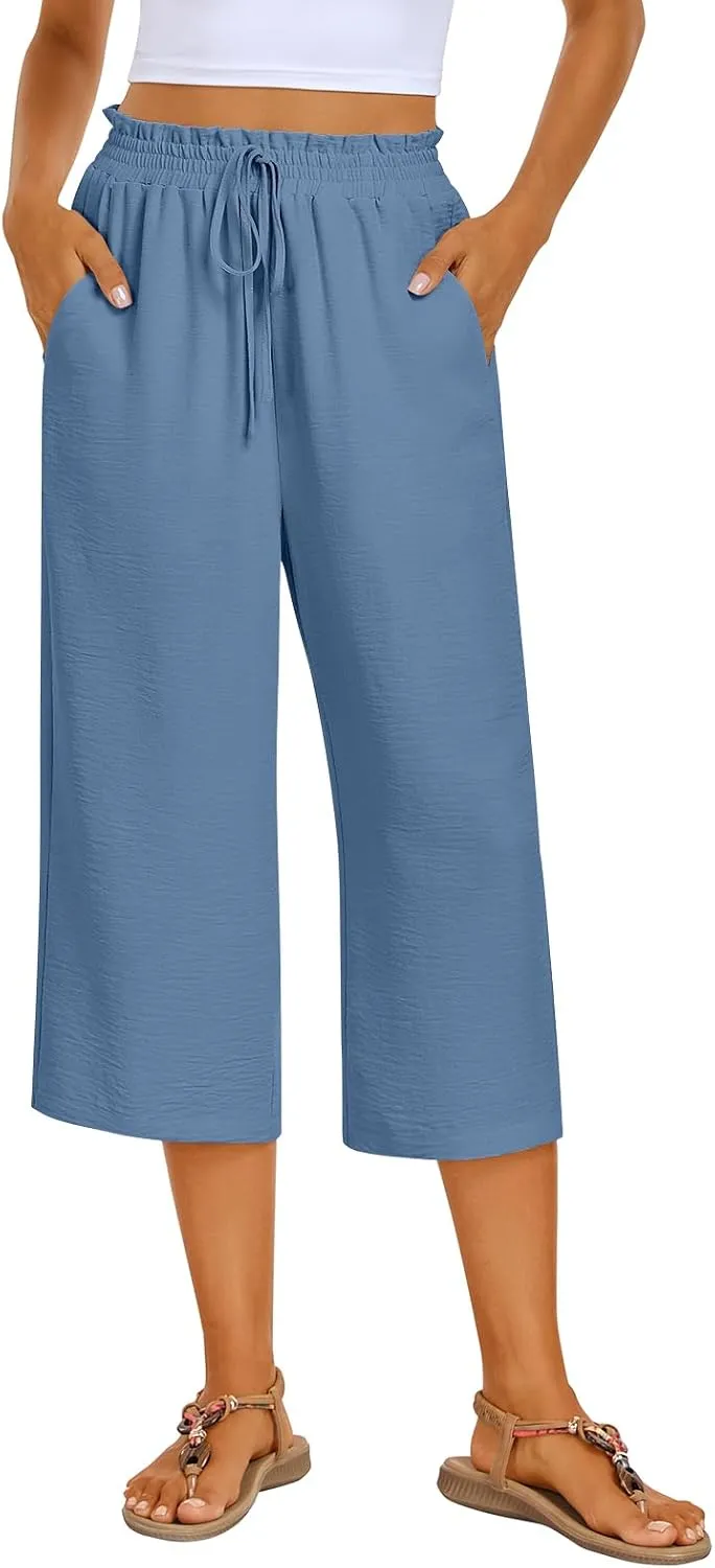 Kikula Women's Capri Pants Loose Wide Leg Trousers High Waisted Drawstring Lounge Pants with Pockets Comfy Palazzo Pants