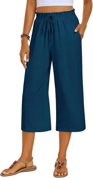 Kikula Women's Capri Pants Loose Wide Leg Trousers High Waisted Drawstring Lounge Pants with Pockets Comfy Palazzo Pants