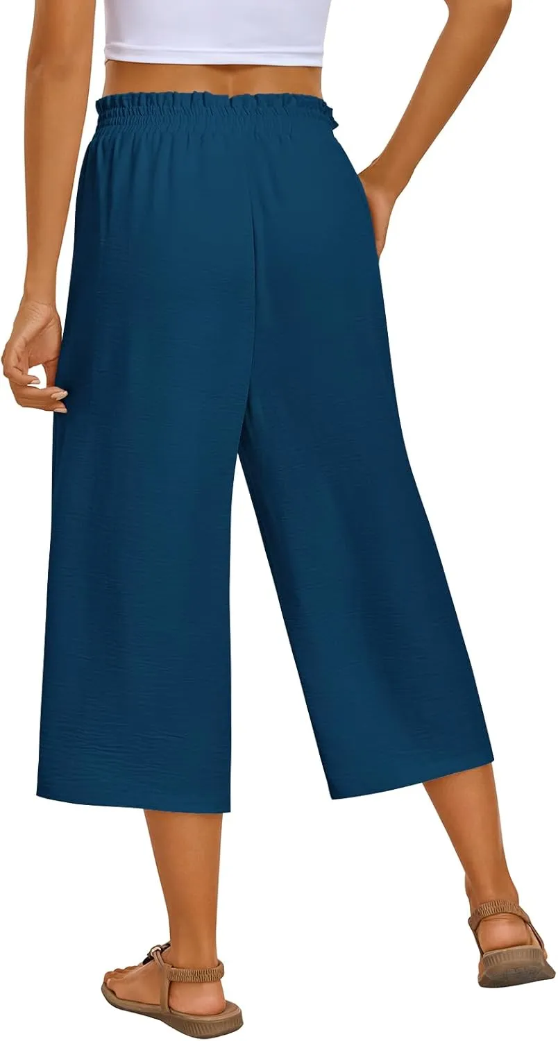 Kikula Women's Capri Pants Loose Wide Leg Trousers High Waisted Drawstring Lounge Pants with Pockets Comfy Palazzo Pants