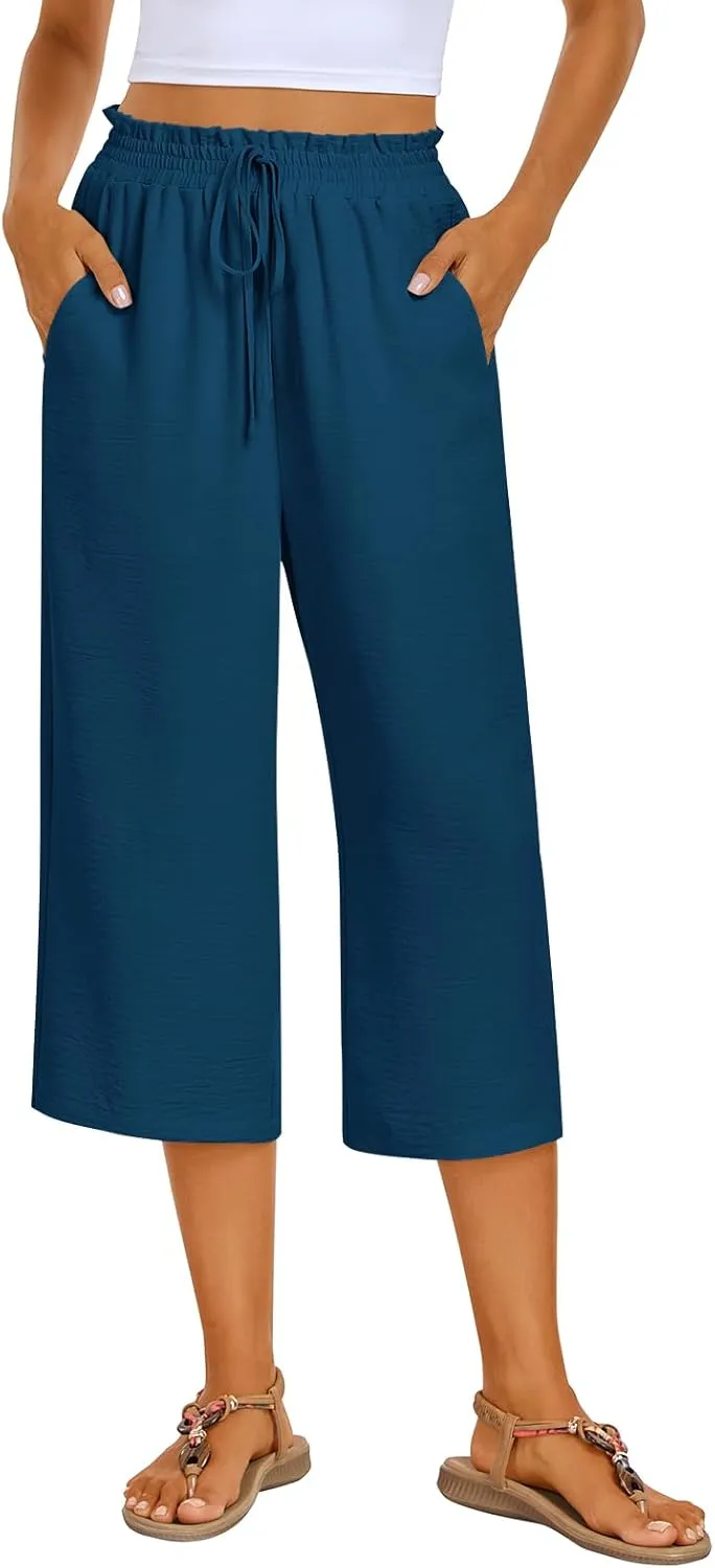 Kikula Women's Capri Pants Loose Wide Leg Trousers High Waisted Drawstring Lounge Pants with Pockets Comfy Palazzo Pants