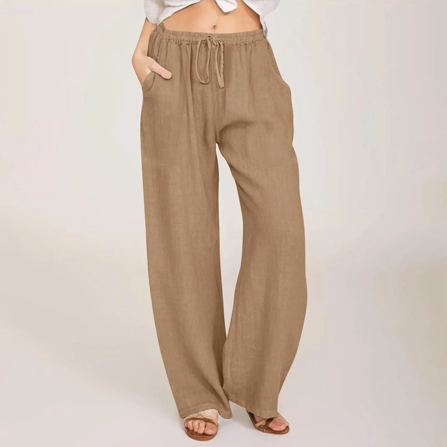 KUIOLYPOER Women's Cotton Linen Pants Summer Wide Leg Casual Loose Drawstring High Waist Palazzo Pants Trousers with Pockets