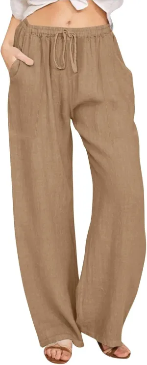 KUIOLYPOER Women's Cotton Linen Pants Summer Wide Leg Casual Loose Drawstring High Waist Palazzo Pants Trousers with Pockets