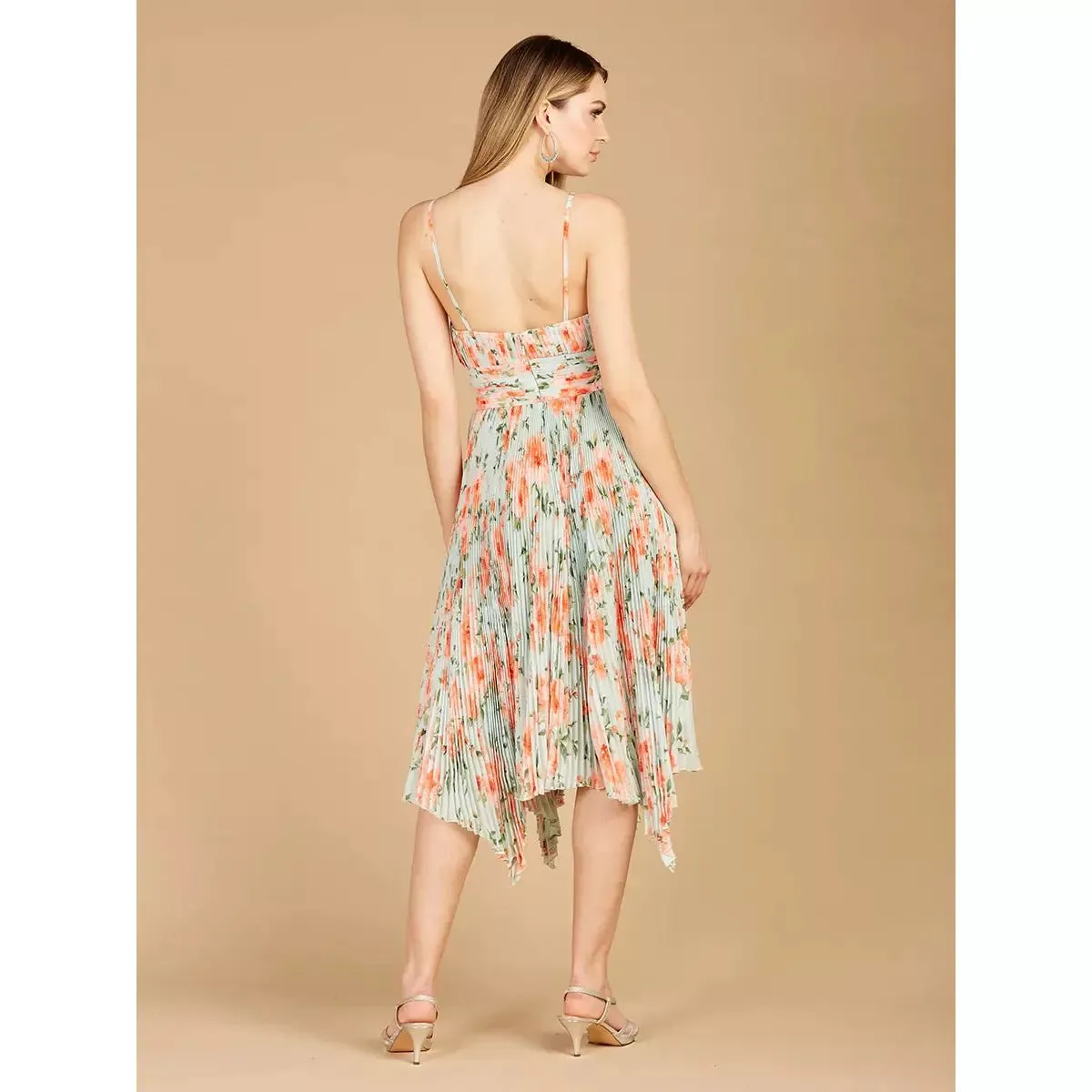LARA 29243 - V-NECK PRINTED MIDI LENGTH DRESS WITH PLEATS