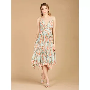 LARA 29243 - V-NECK PRINTED MIDI LENGTH DRESS WITH PLEATS